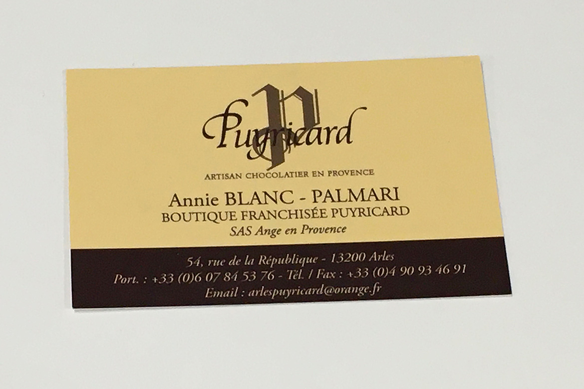 Cartes de  visite de la boutique Chocolaterie de Puyricard à Arles